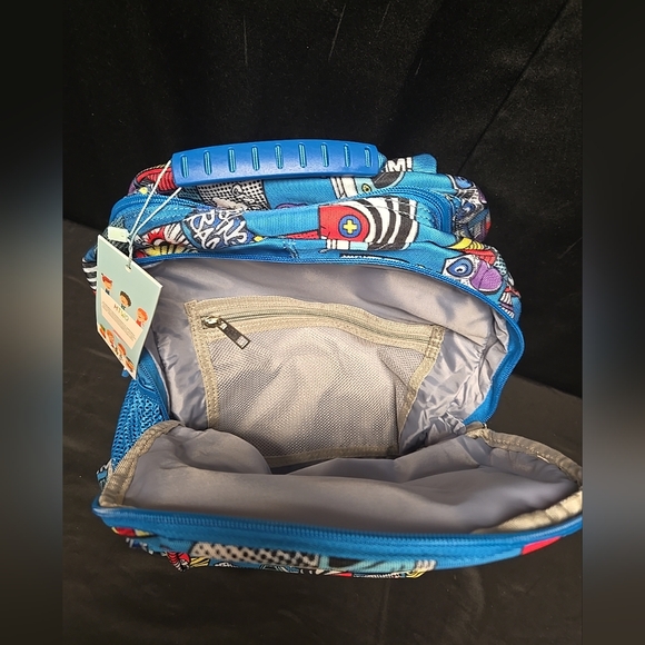 Blue Printed Backpack 10" Wide 15" Tall Double Secure Straps & Pockets - Picture 9 of 16